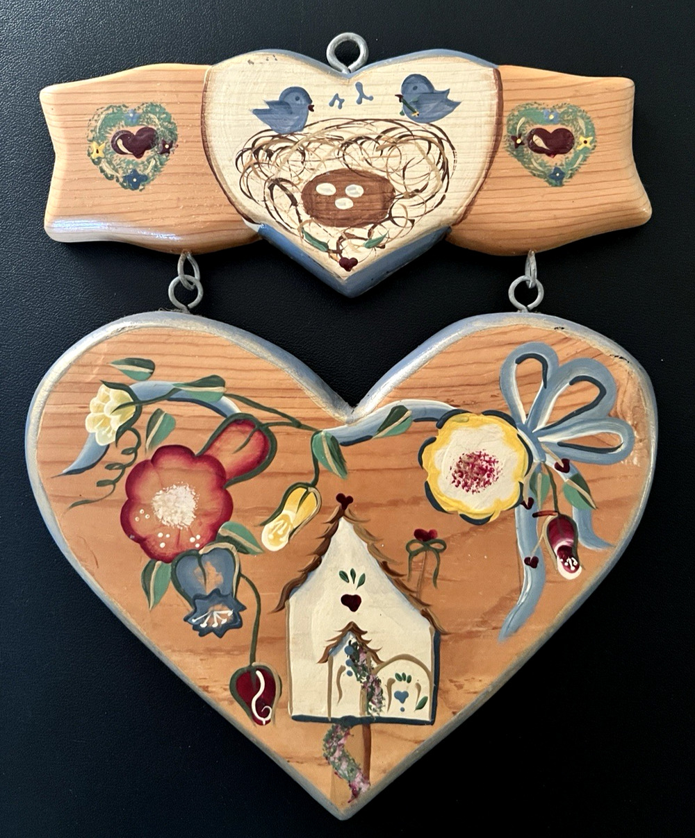 Hand Painted Folk Art Hanging Wooden Heart Decor Bird House Floral Signed 1990s